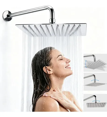 Regadera Cuadrada 20 Cm Acero Inoxidable Con Tubo 30 Cm Acabado Cromado Para Duchas Balance Plateado
