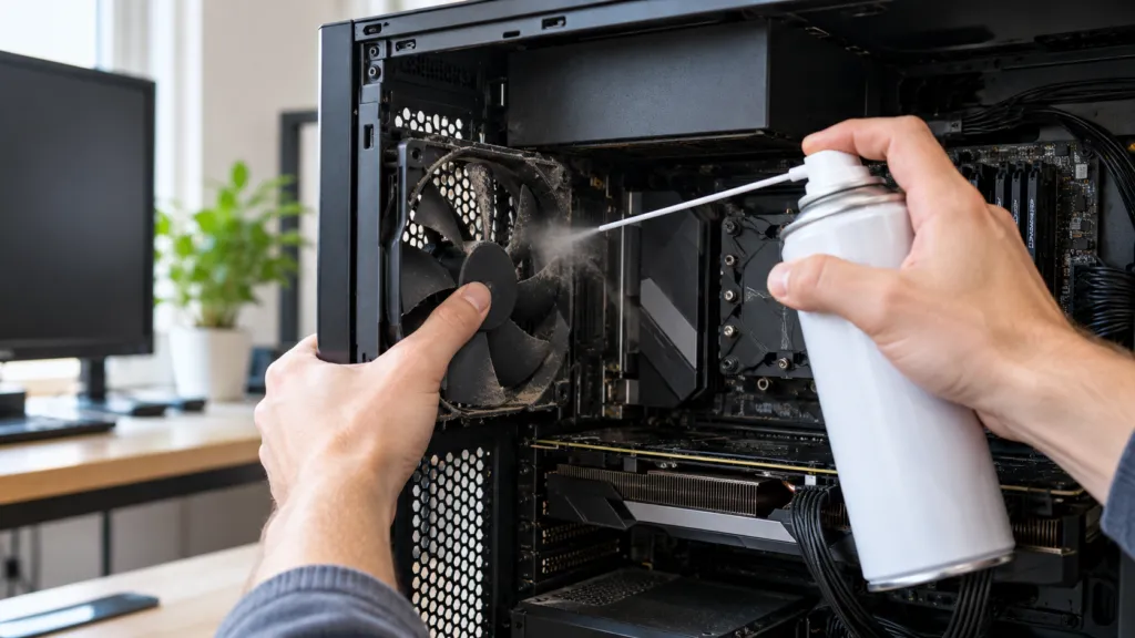 Limpieza del ventilador de una computadora apagada con aire comprimido