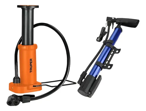 Bomba Inflar Balones Llantas Pedal Truper + Bomba Portátil Naranja