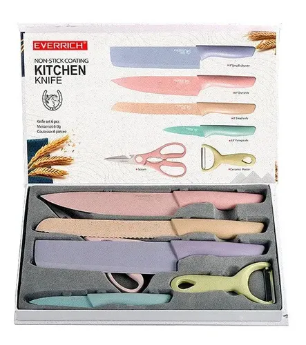 Juego Cuchillos Cocina Acero Inox Y Cerámica Tijeras Pelador Color Pastel