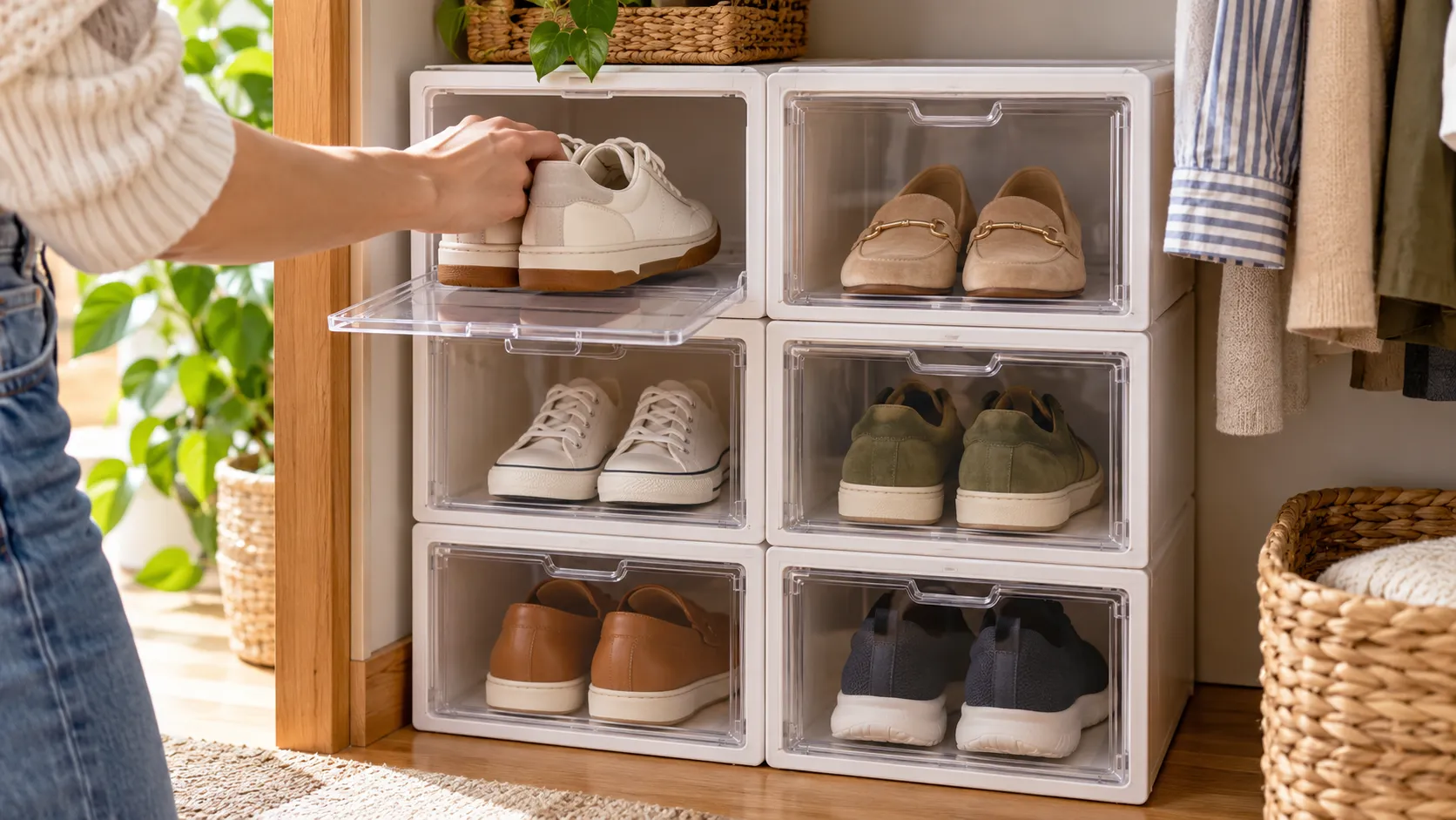 Una persona guarda zapatos en cajas apilables dentro de un clóset